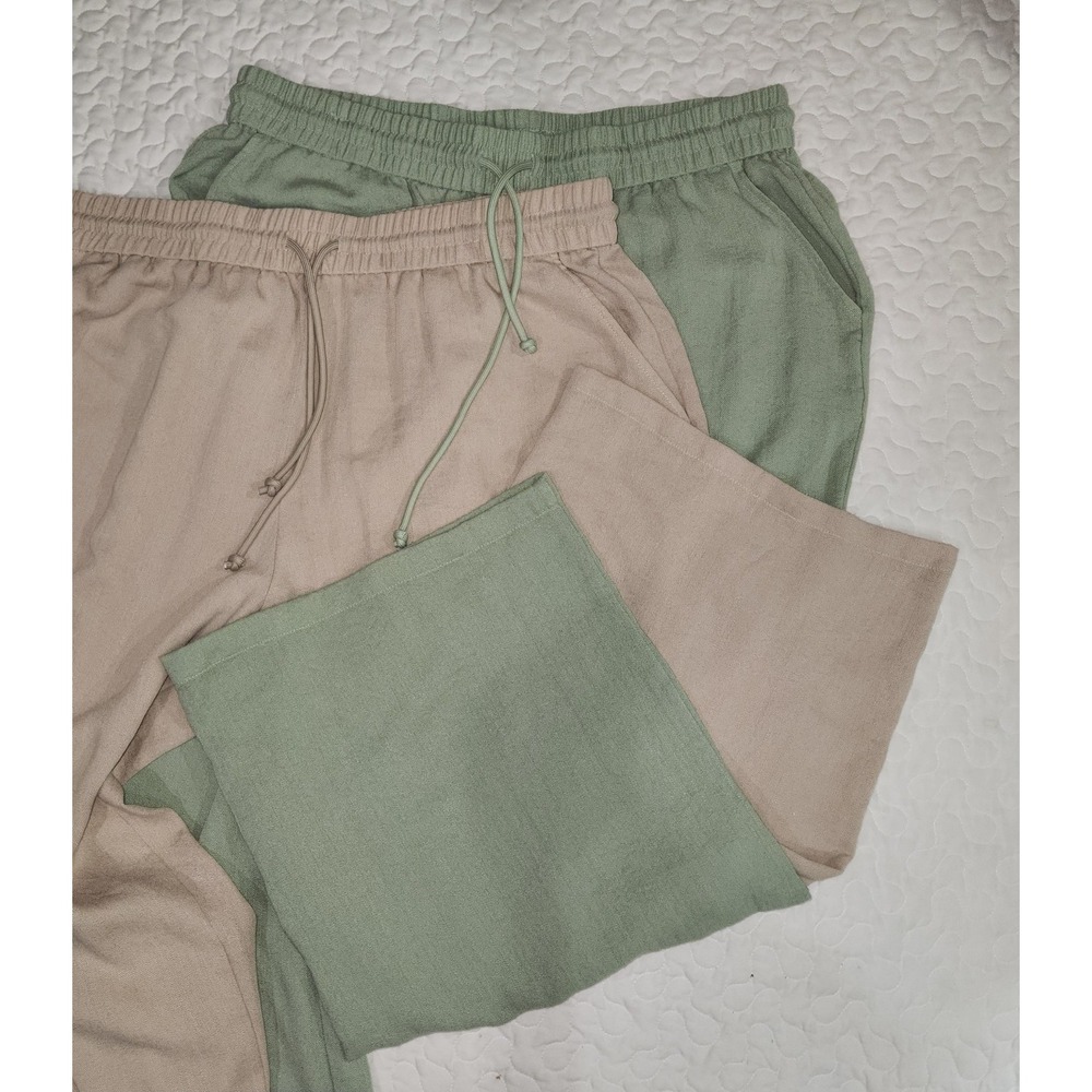 1X Halara High Waisted PANTS (2 pair) Elastic Pullon Wide Leg Neutral Faux Linen